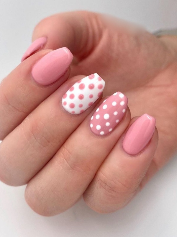 Pink & White Nails With Polka Dots.